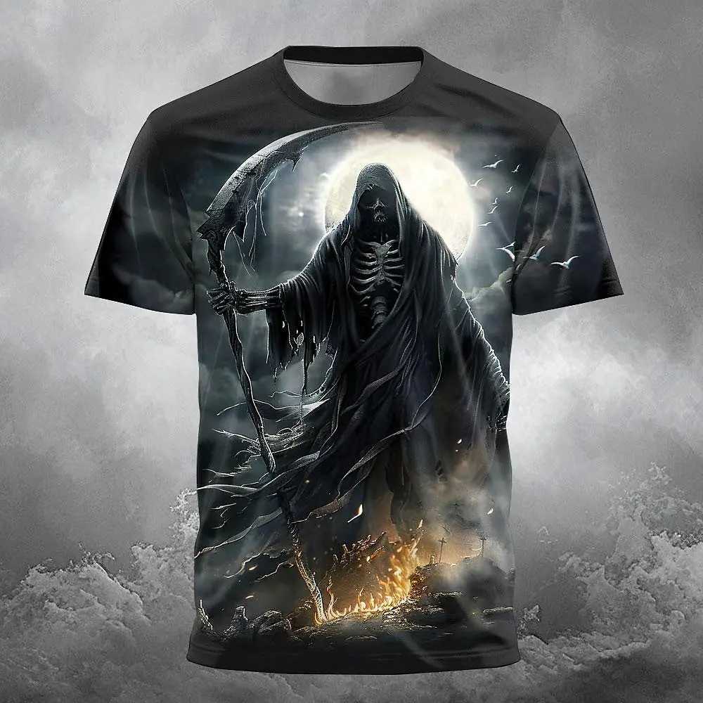 Mens T-shirt 3D skull print casual crew collar T-shirt short sleeved top summer oversized T-shirt hip-hop fashion mens clothing W250425