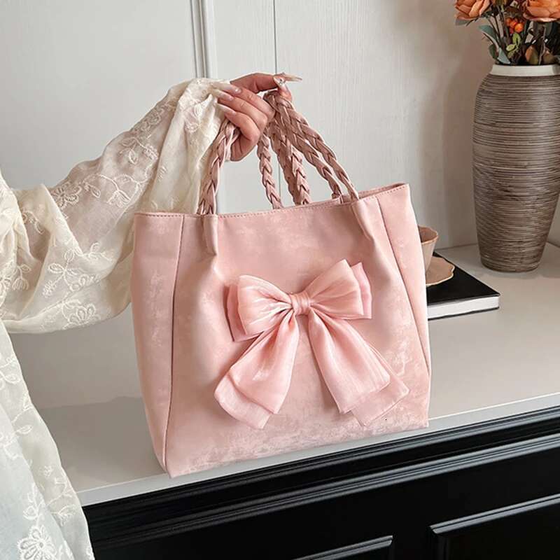 Fashion Girls Bowknot Shoulder Solid Color Ballet Style Tote Braid Strap Underarm Bag