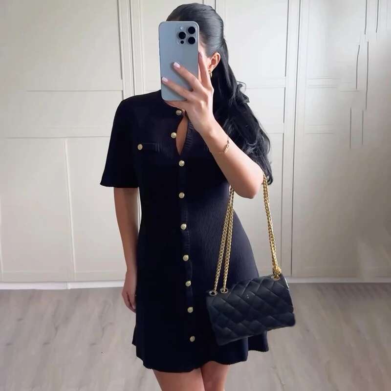 Elegant White Knitted Women Sexy Slim Fit Ribbed Knit Metal Button Short Sleeve Holiday Party Mini Dress