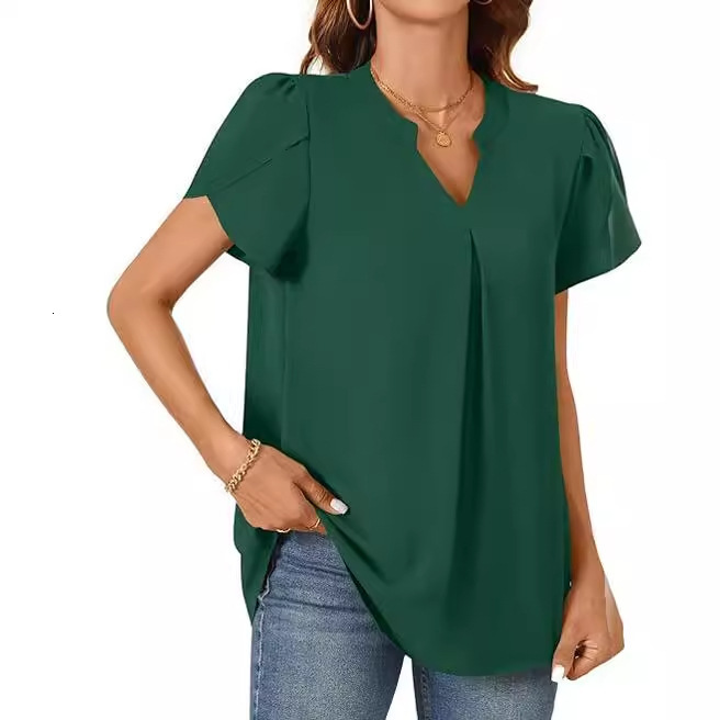 2024 summer simple and fashionable V-neck petal sleeve shirt for women