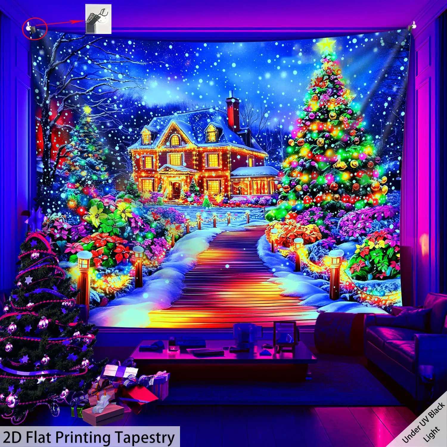 VIKAMA Flat Black Light Christmas Tapestry Party Living Room Feature Wall Music Bar Holiday Theme DecorM251125