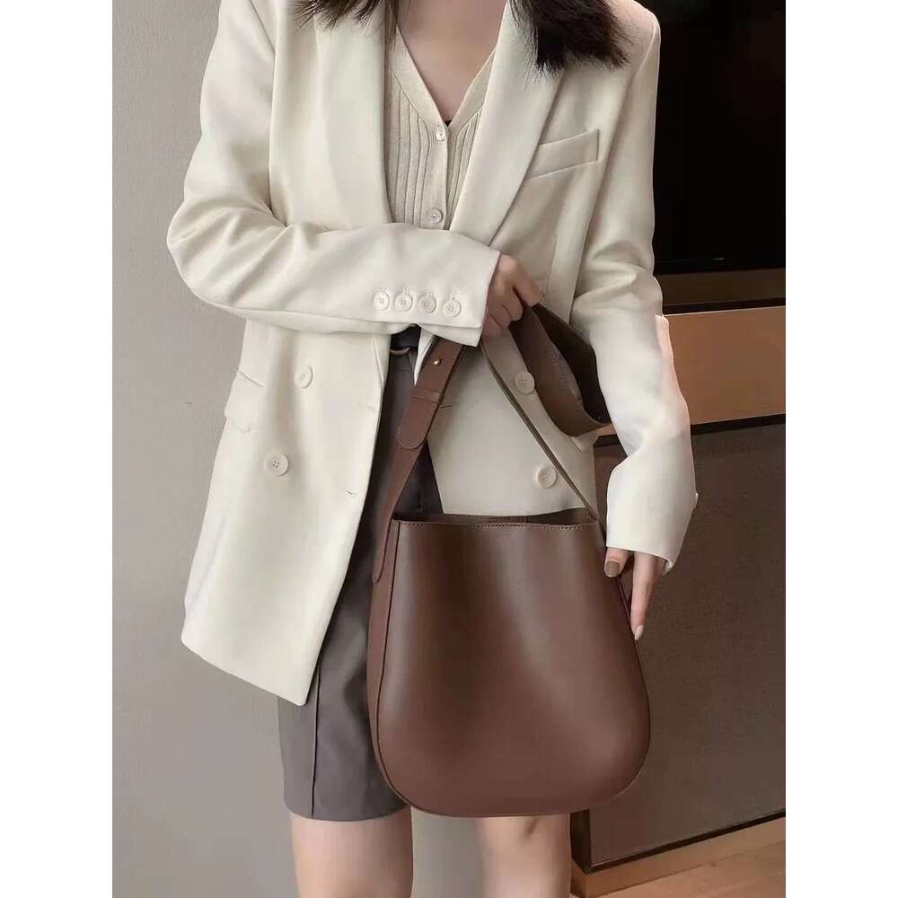 Designer Bag Minimalist Japan Korean Style Solid Color Bucket Tote Dark Brown Cowhide Leather Women Shoulder Winter Crossbody Bag