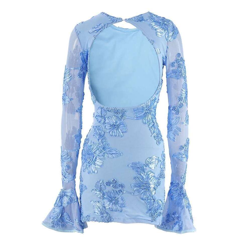 Designer Clothes Beyprern Glam Backless Rose Pink Floral Mesh Short Elegant Party Dresses For Women Long Sleeve Embroidered Birthday Dress