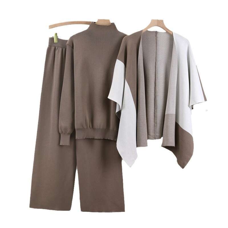 2025 Autumn/winter New Fashionable Knitted Color Blocked Shawl Wide Leg Pants Stylish 3-piece Set for Women Long Printing Temperament New Product New 