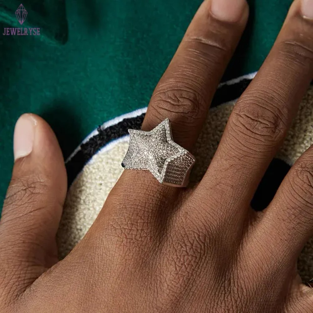 Customized fashion sterg sier star shape VVS moissanite dia ring top quality for Hip hop Mens life