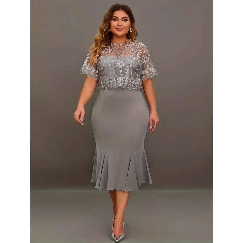 Dongdumaoyi New Plus Size Embroidered Patchwork Slim Fit Dress C