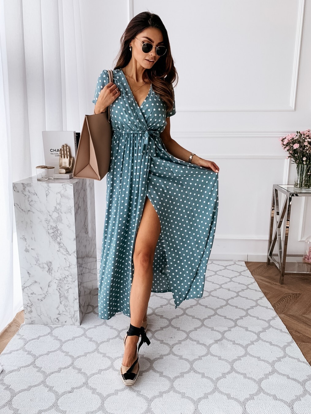 2020 summer short sleeve V-neck Bohemian polka dot print dress long skirt
