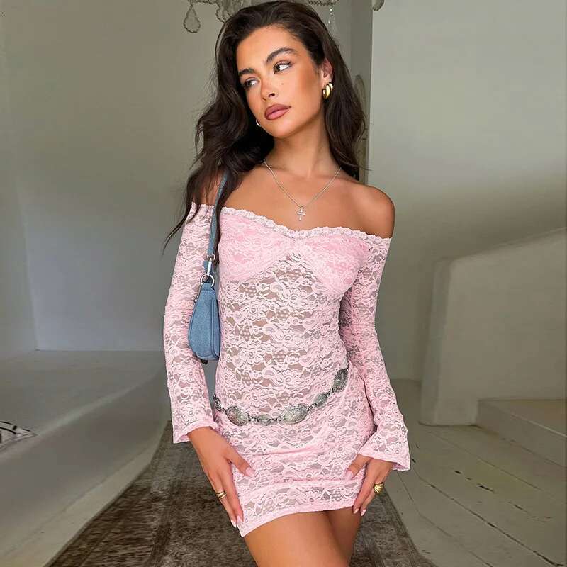 Dongdumaoyi Townlike Perspective Lace Sexy Party Dress Women Off Shoulder Mini Autumn Winter Slim Bodycon Dresses Vestidos