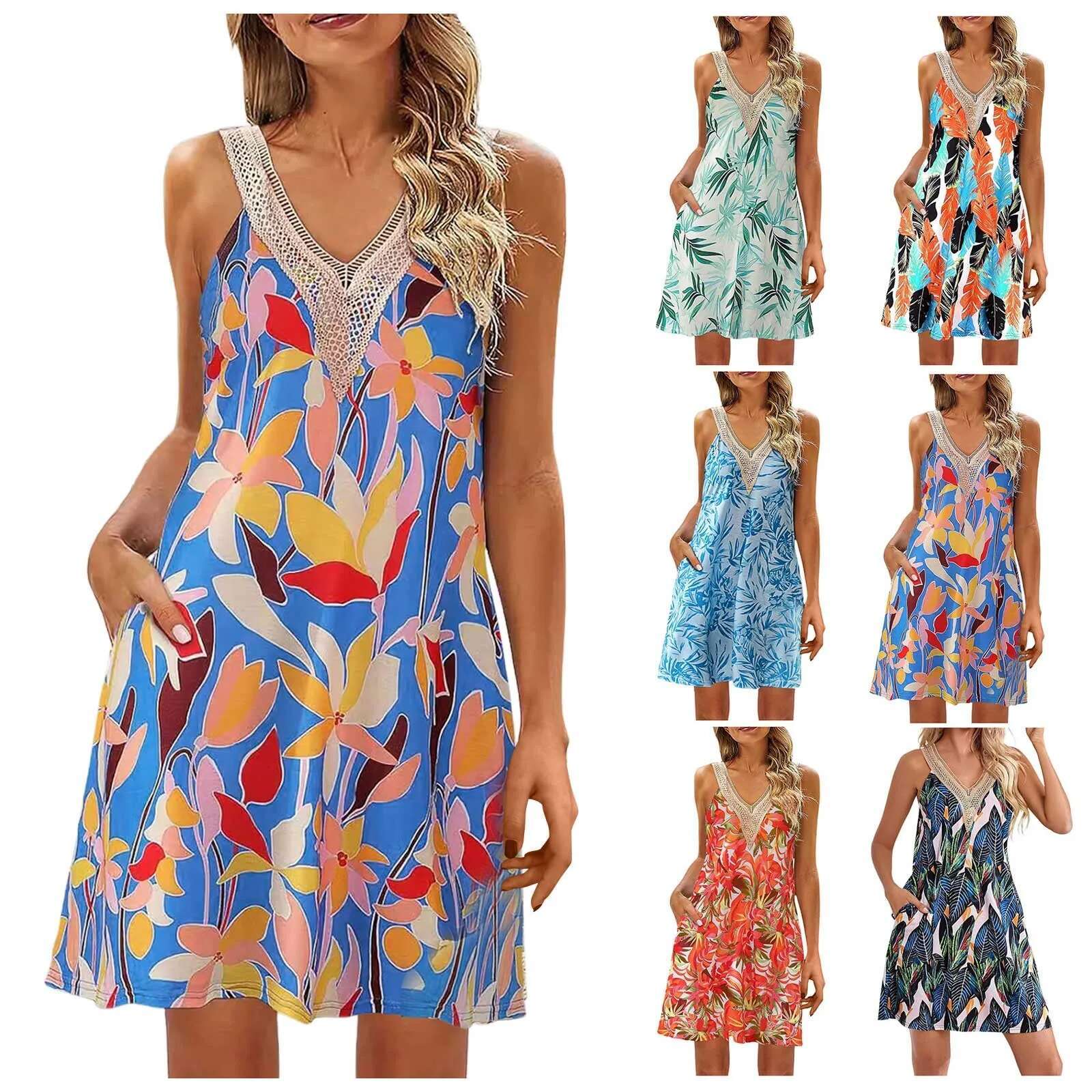 Dongdumaoyi Summer Womens Dresses Beach Boho Sleeveless Vintage Floral Pattern Pockets T Shirt Tank Sundresses Temperament Elegant Gown