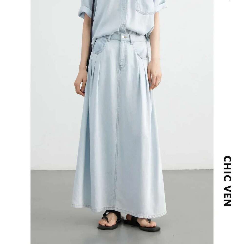 CHIC VEN Women Shirts Loose Blue Casual New Fashion Denim Shirt Elastic Waist Shorts A-Line Skirt Set Summer 2024