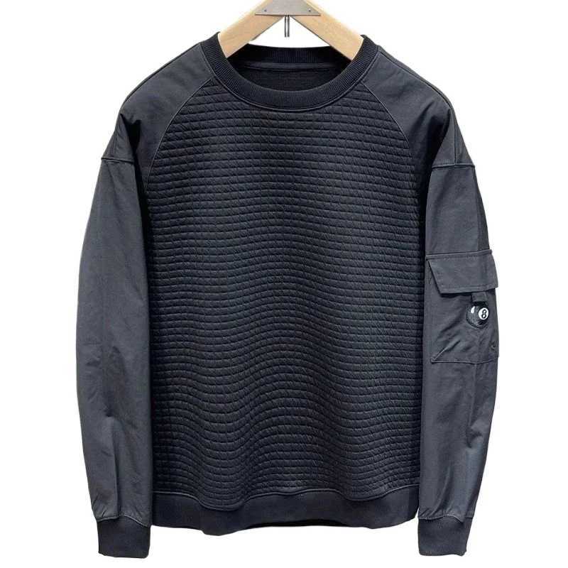 Retro mens casual sportswear loose patch work waffle with cargo pocket zipper O-neck streetwear black long sleeved sportswear M250425