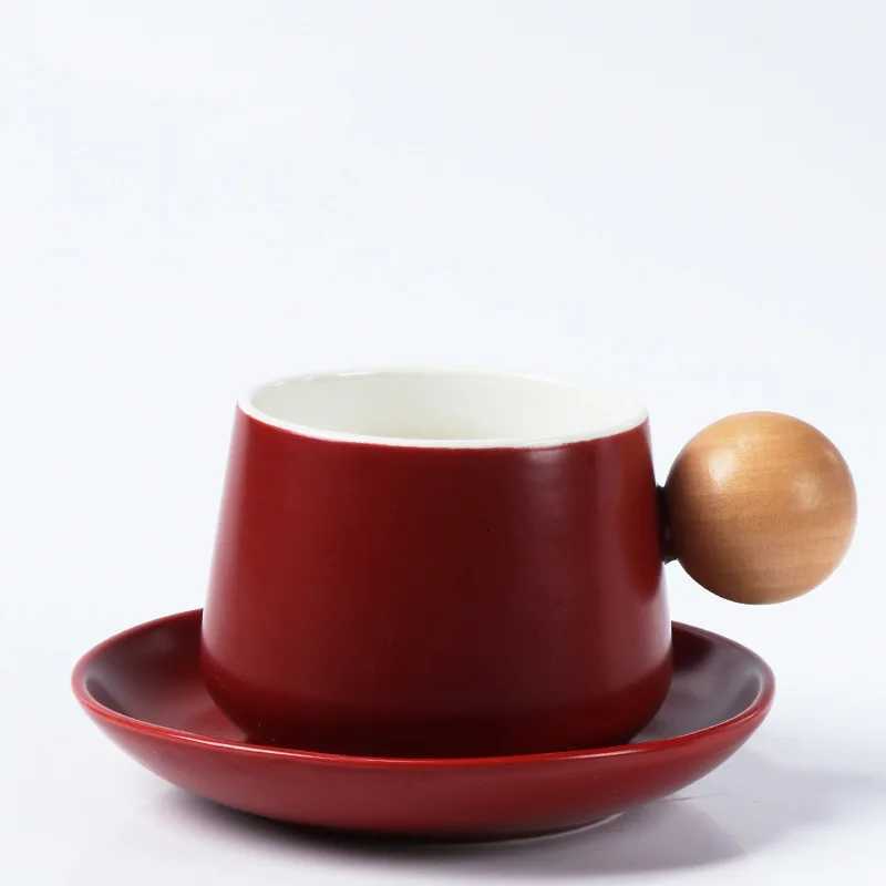 Home Coffee Cup and Saucer Set Expensive Mug Gift Ceramic Vintage Tea Set Wooden Handle ic Mug Solid Color Ceramic Teacup Y251125