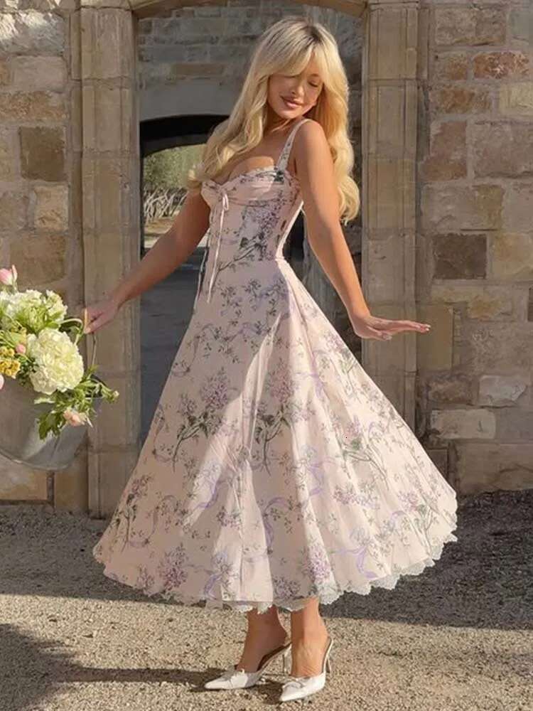 Dongdumaoyi Townlike Floral Print Midi Long A Line Dress Women Spaghetti Strap Spring Summer Strapless Nightclub Sexy Party Dresses