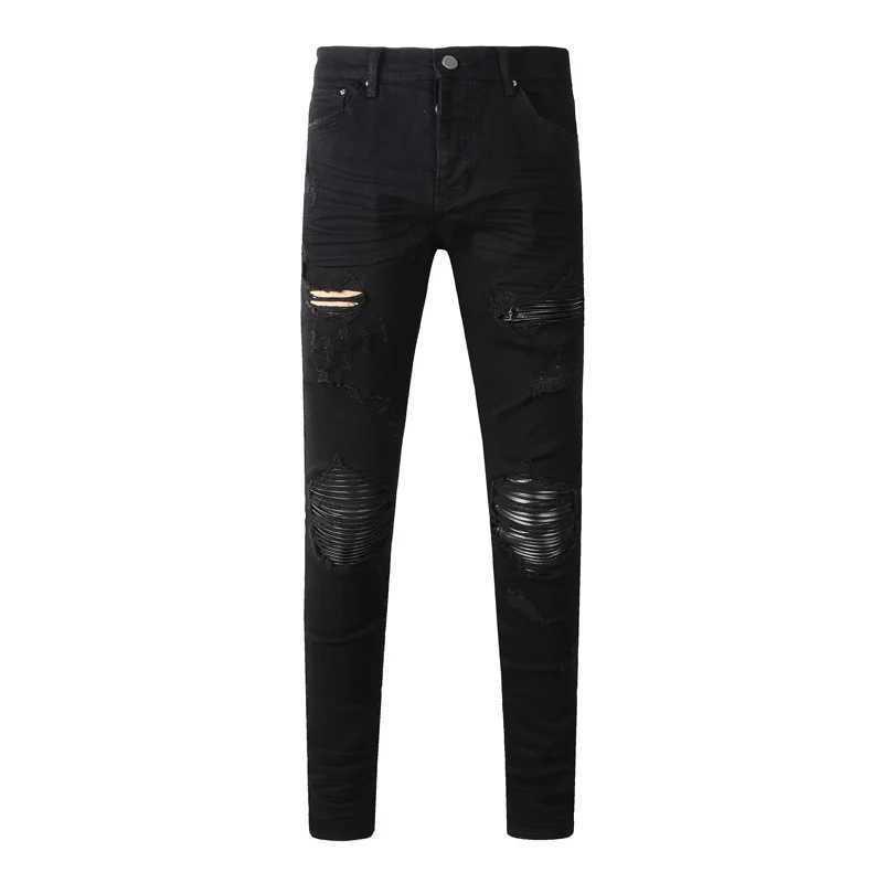 Fashion Y2Kfashion new high-quality jeans with pleated red patches elastic slim fit washed blue jeans high street hip-hop brand Y251124