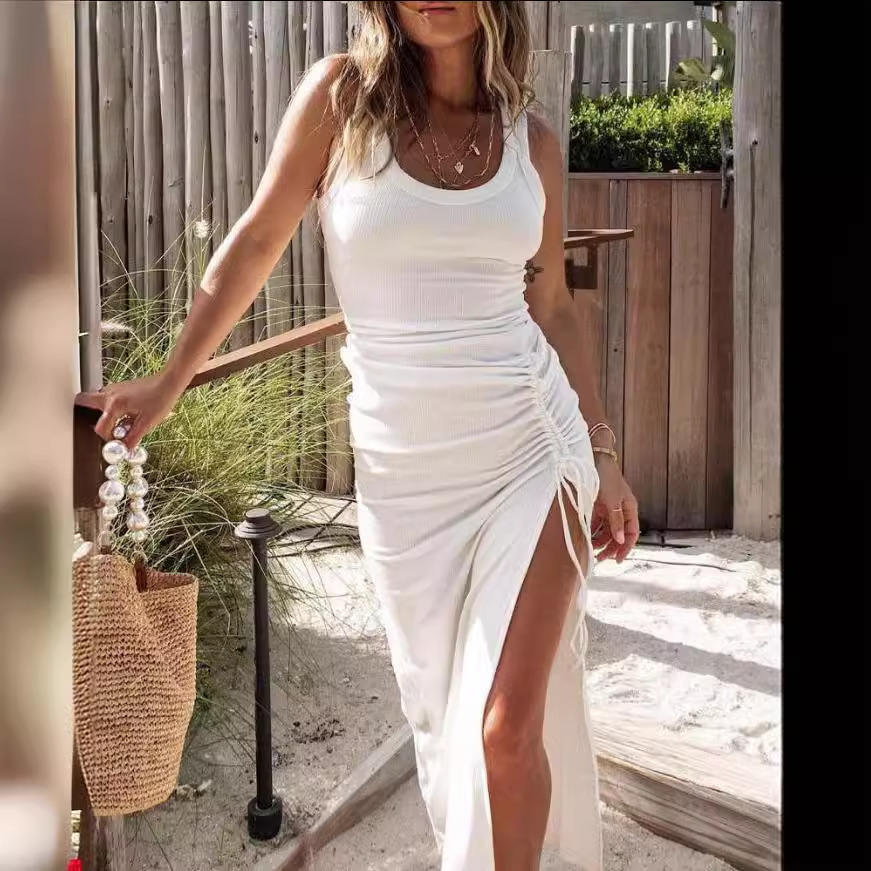 2024 new summer waist cinching sexy slit mid length vest dress for women