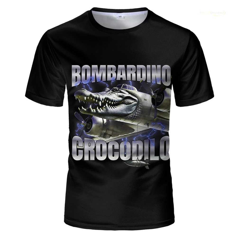 AI Brainrot animal graphic T-shirt Bombardiro crocodile print fun and humorous mens T-shirt womens loose top childrens clothing W250425