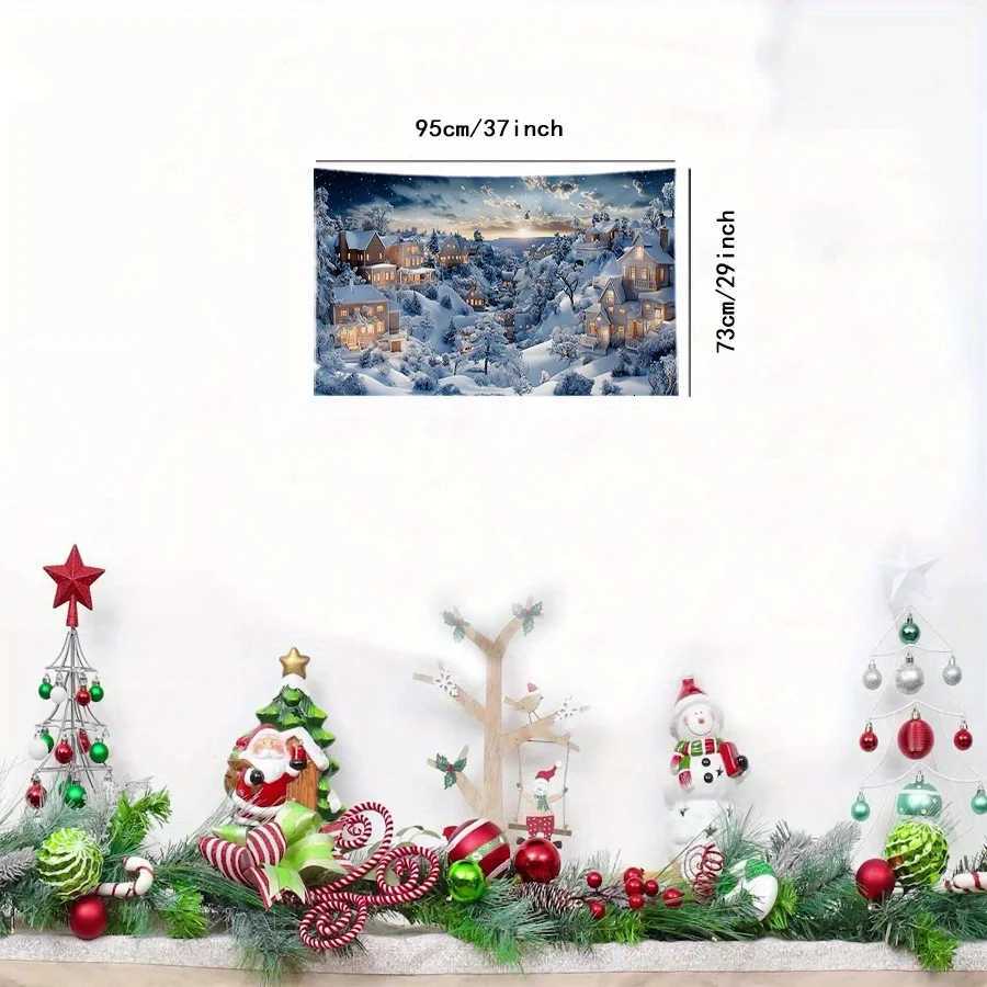 Christmas Landscape Tapestry Festive Wall Decor Snowy Village Design Multi-Use Holiday Banner for Home Kitchen PartyM251125