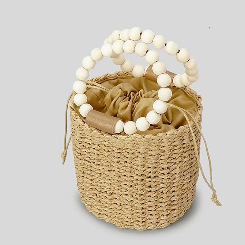 Designer Bag 2025 Fashion Wooden Beading Women Handbags Paper Woven Hand Bags Casual Summer Beach Bucket Bag Bali Small Tote Female Purses 2023 Luxury