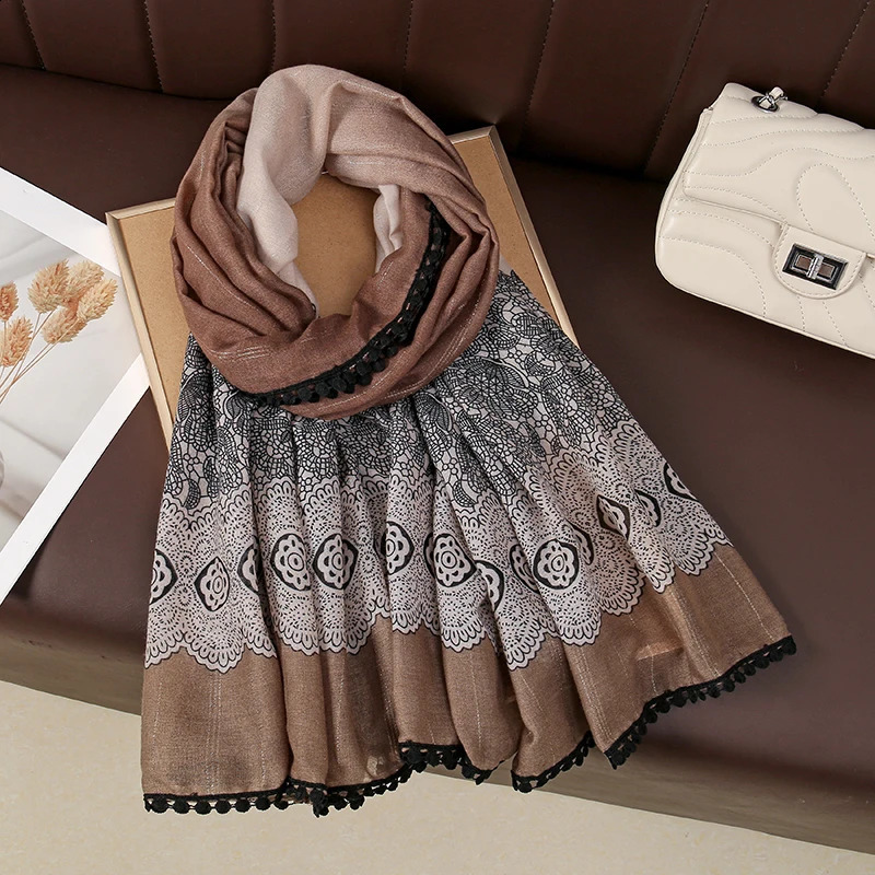 Bright Silk Lace Scarf Gradient Print Viscose Hijab Woman Muslim Hijabs Lady Elegant Long Scarf Femme Headband Shawls 180*90cm 250424