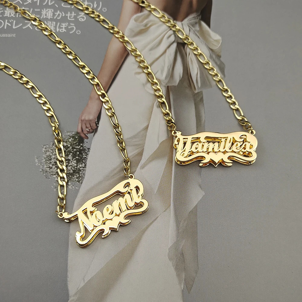 Custom Necklace Double Words Stainless Steel 3D Necklace Personalized Necklaces Name with Heart Shaped Figaro Chain Necklace 250425