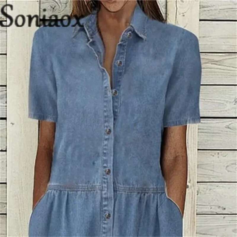 Designer Clothes Elegant Solid Color Short Sleeve Denim Dress Summer Lapel Single-Breasted Splice Dressy Female Comfortable Commuter Casual Gown