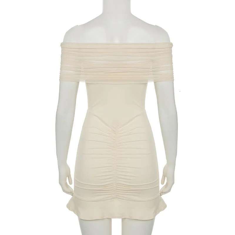 Dongdumaoyi Townlike Mesh Patchwork Slim Bodycon Pleated Dress Women Off Shoulder Mini Spring Summer Nightclub Sexy Party Dresses