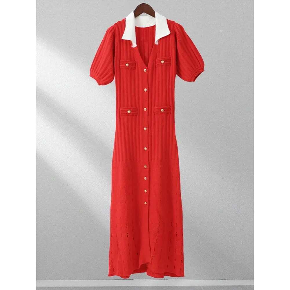 V-Neck Knit Contrast Long Women Hollow Out Lapel Fashion High Waist Elegant Party Knitwear Ladies Maxi Dress