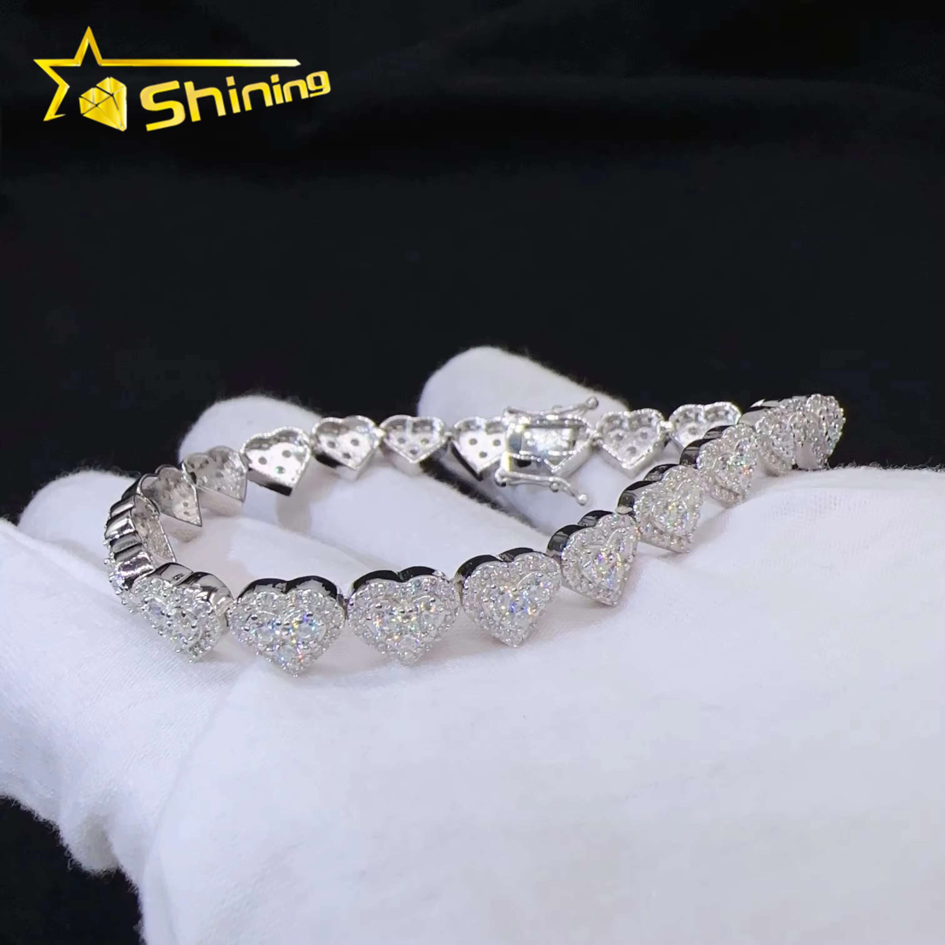Wholesale Price Sterling Silver 925 Iced Out Vvs Moissanite Fine Hip Hop Jewelry Heart Cuban Link Chain Bracelet for Women