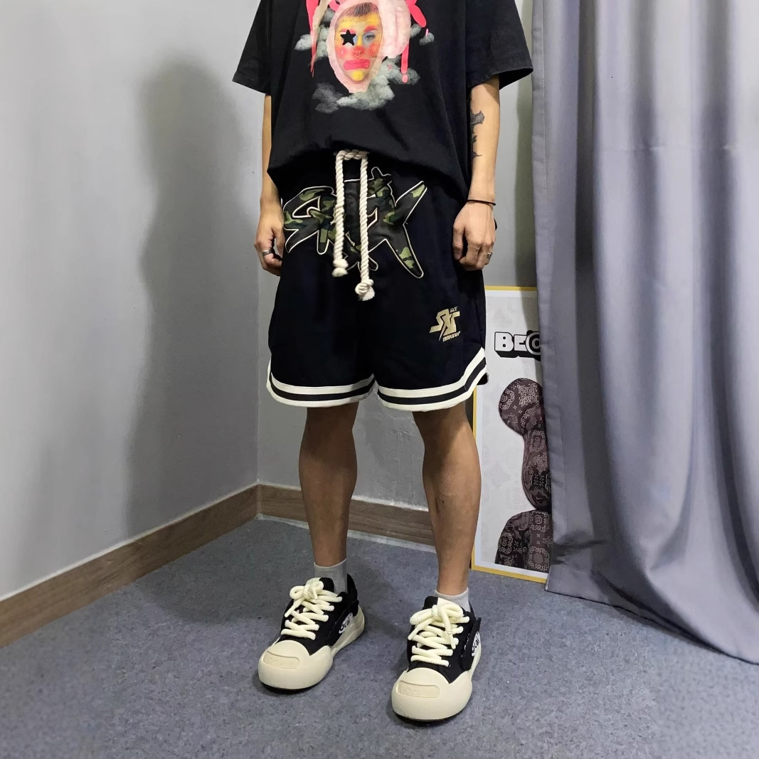 American embroidered sports shorts men's summer thin ins trendy high street five quarter casual wide leg basketball pants