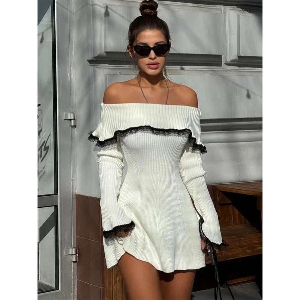 Knit Off-Shoulder Sweater Women's Lace Patchwork Ribbed Slim Backless Elegant Party Knitwear Mini Dress