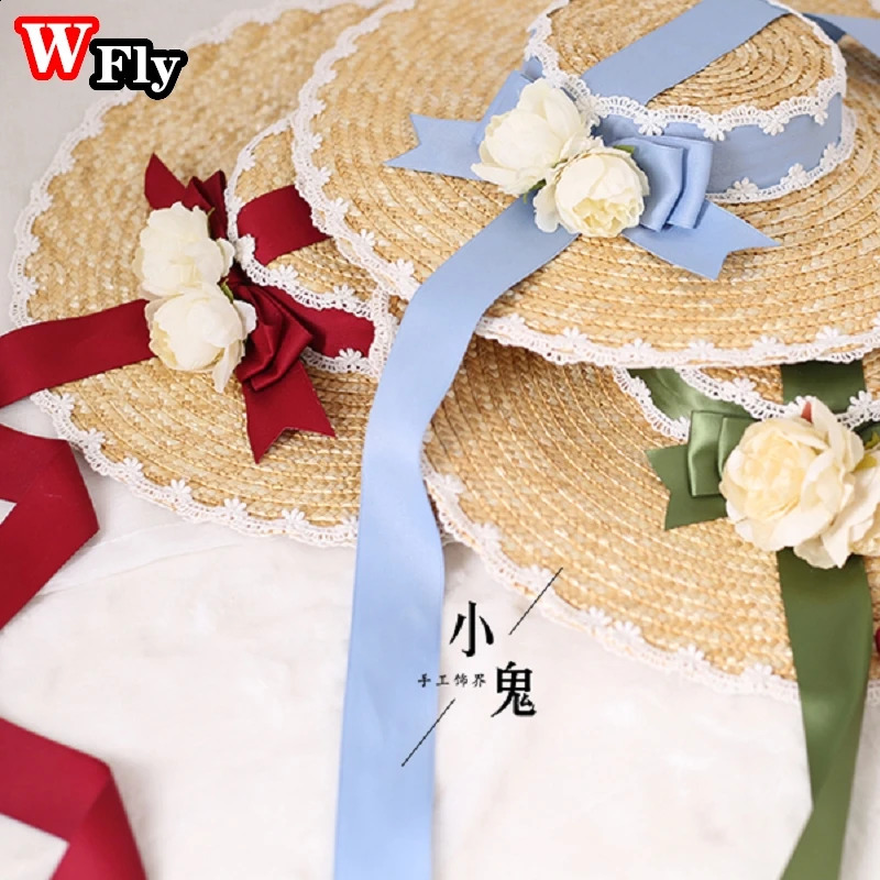 Japanese Women Girls Lolita Sweet Handmade Straw Sun Hat Lace Flower Ribbon Bandage Bowknot Wide Brim Elegant Straw hats 250420