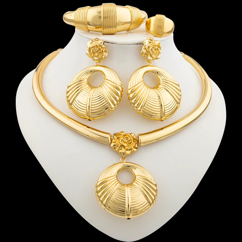 African 18k Gold Plated Jewelry Set for Women Hoop Earrings and Pendant Set Italian Gold Color Weddings Bangle Ring Jewellery 250417
