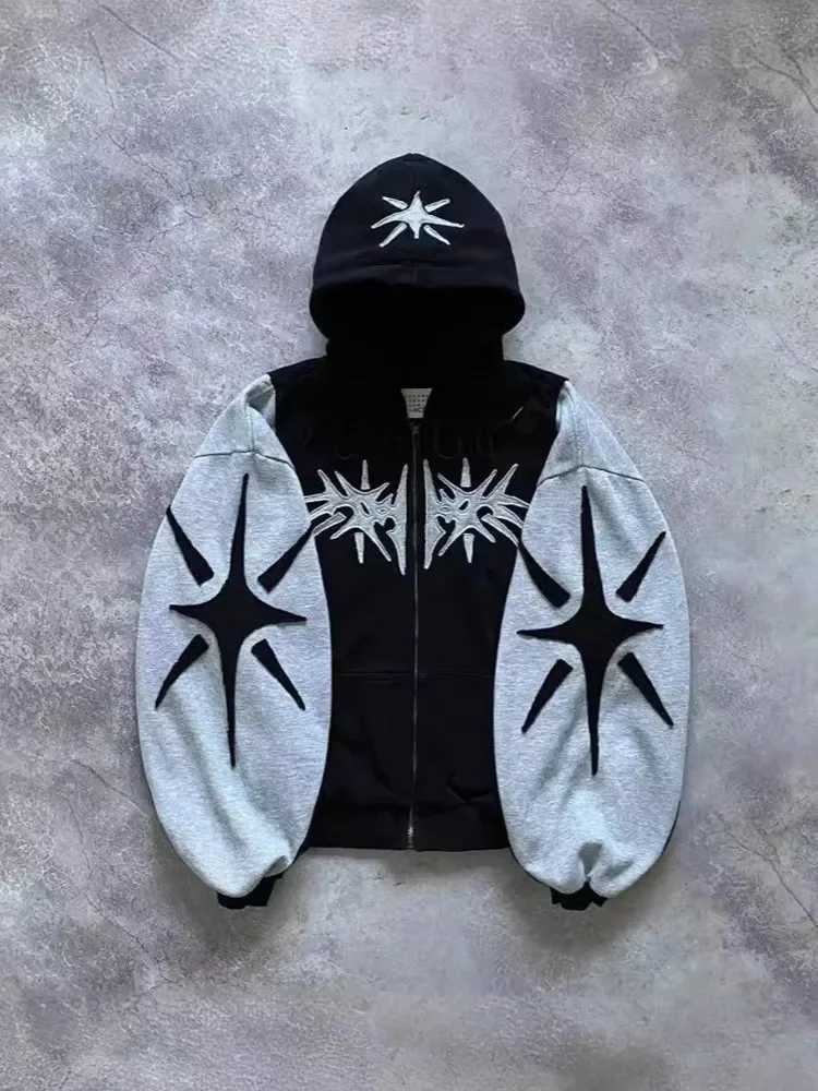 Y2K embroidery design loose zipper mens hooded sweatshirt geometric pattern womens sportswear Gothic street clothing oversized casual mens style w2504