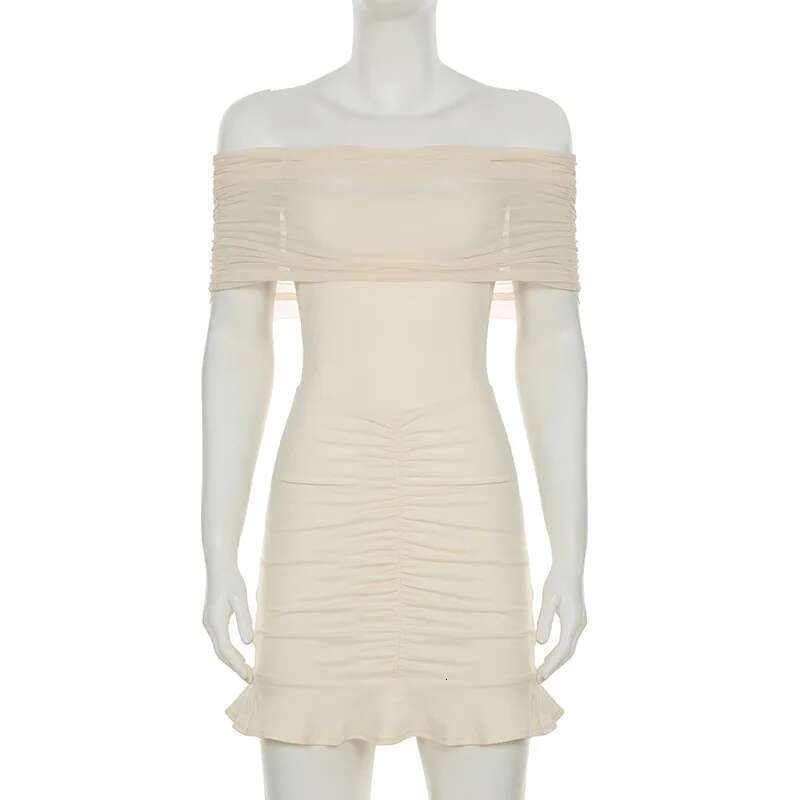 Dongdumaoyi Townlike Mesh Patchwork Slim Bodycon Pleated Dress Women Off Shoulder Mini Spring Summer Nightclub Sexy Party Dresses