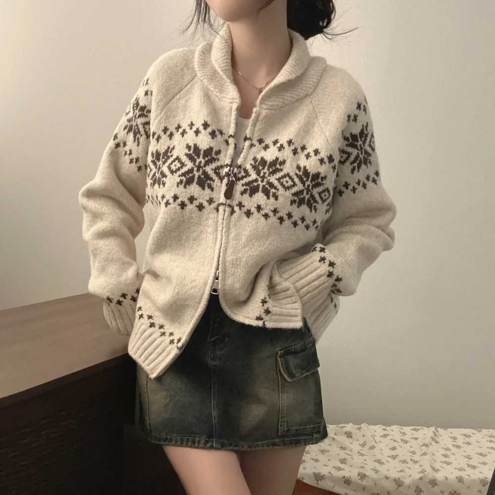 Korean Style Casual Knitted Jacquard Cardigan New Autumn Winter Women Fashion Elegant Long Sleeve Sweater Zipper Lapel JacketT251125