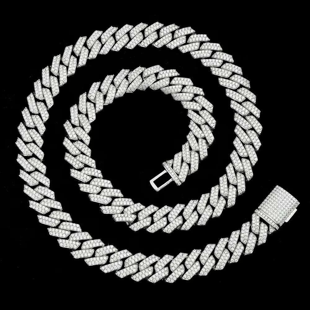 Iced Out Hip Hop Vvs1 Moissanite 2 Rows 14mm Miami Cuban Necklace 925 Sterling Silver Diamond Moissanite Cuban Link Chain