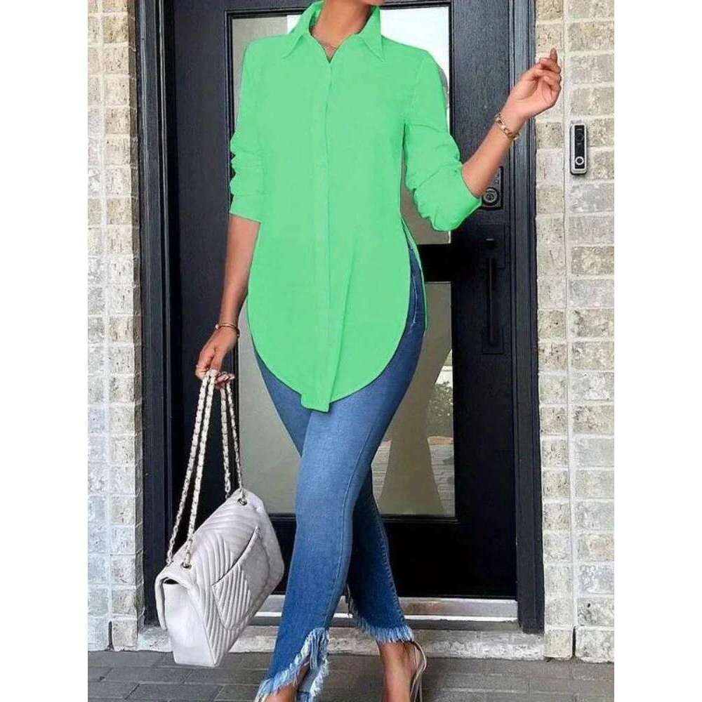 Plus Size Casual Simple Mid-Long Sleeve Women's Spring Summer Fashion Asymmetric Top Belted Solid Color Shirt