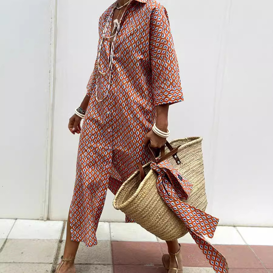 2024 Autumn Half Sleeve Striped Double Side Split Shirt Dress for Women