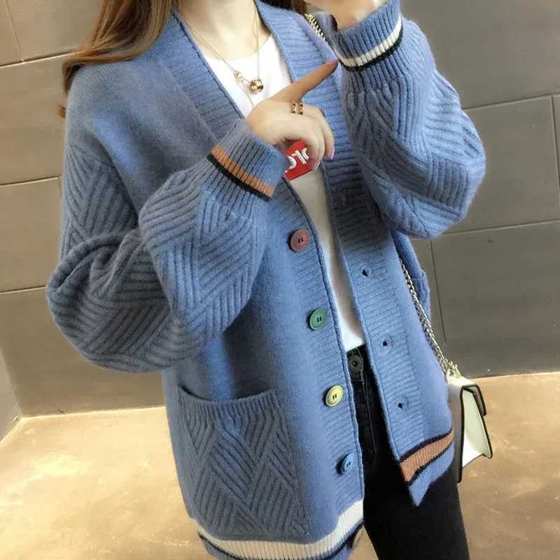 Fashion V-neck womens sweater jacket autumn and winter commuter all-match temperament long-sleeved knitted cardiganT251125