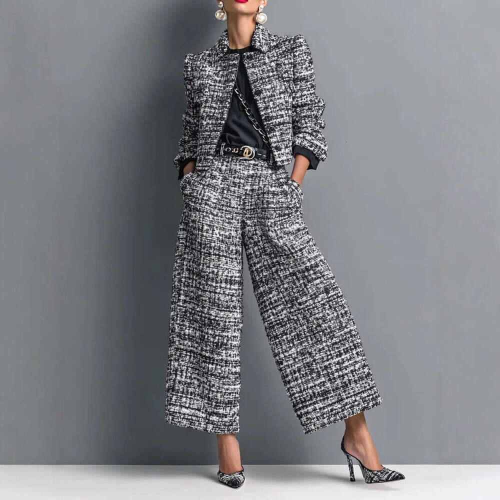 Cross Border New Turn Down Collar Slim Fit Women S Fashion European And American Style Long Sleeve Short Jacket With Wide Leg Pants Set Luxury Designer