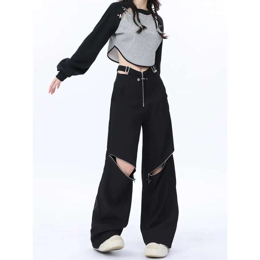 Y2k Summer Black Cargo Pants Women Original Retro Multi Zip Pocket Two Wear Design Drawstring Casual Oversized Trousers