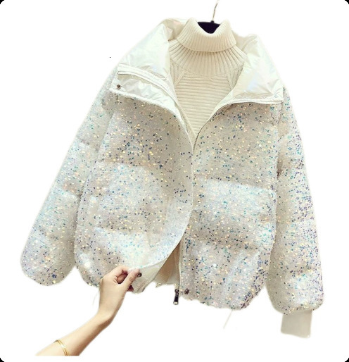 Sparkly Womens Sequin Puffer Jacket Oversize Cropped Stand Collar ZipUp Party Coat Fashion High Street Female Winter Outerwear 251031