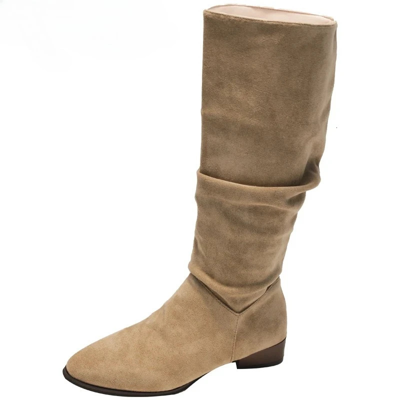 Vintage Pleated Women Knee High Boots Fashion Low Heels Pointed Toe Shoes Autumn Winter Slip On Modern Long Botas Para Mujer 251121