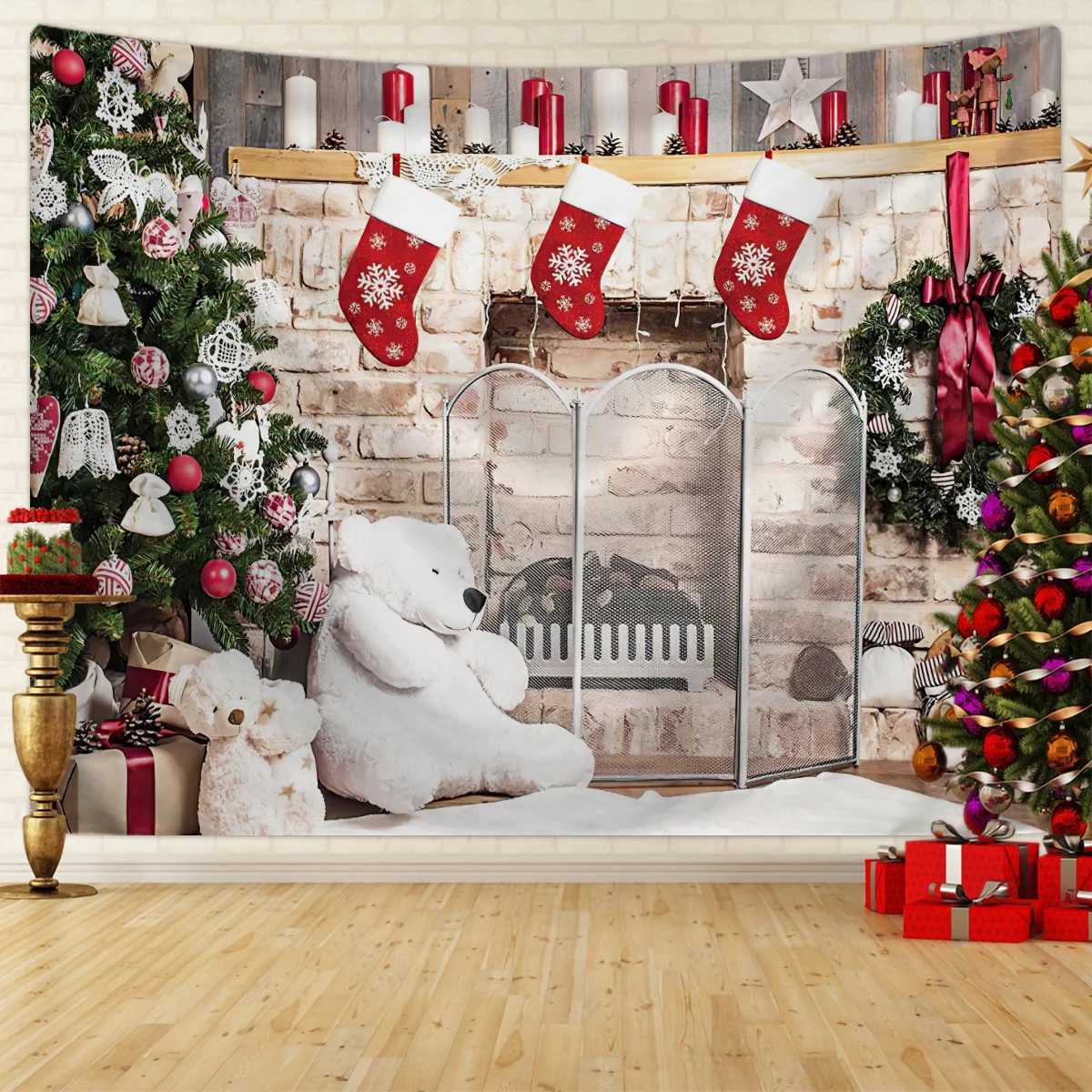 1pc Christmas decorative tapestry Christmas fireplace tapestry Christmas tree activity photography background hanging clothM251125