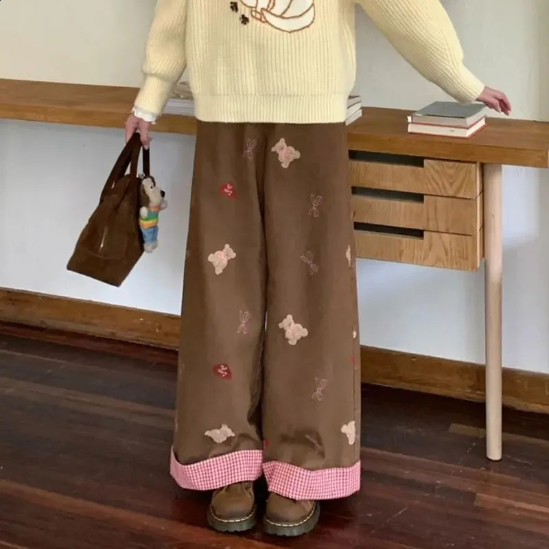 Jmprs Retro Bear Embroidered Jeans Womens Casual Bag Straight Trouser Y2K Lace Plain Splicing Denim Pants Womens 250422