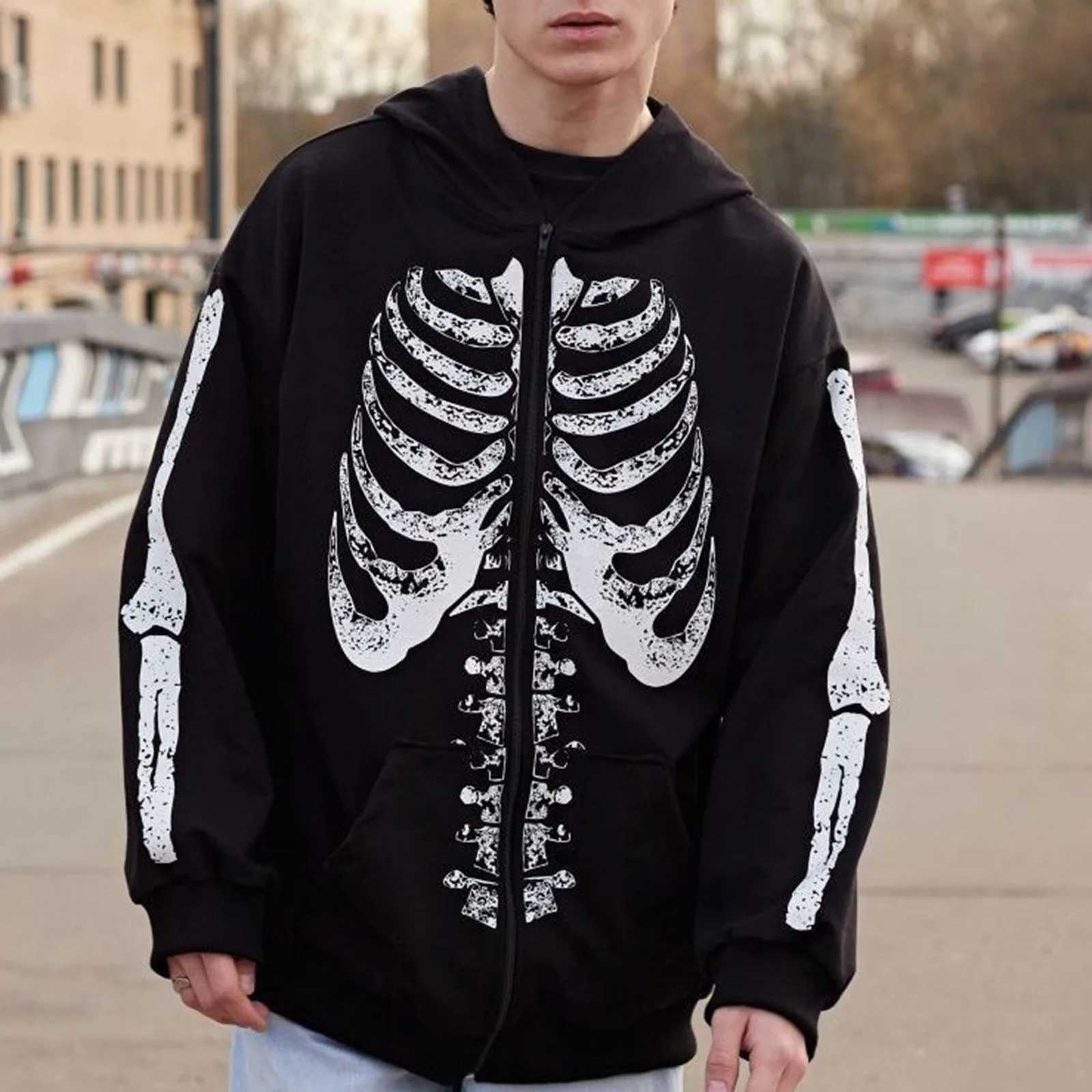 Y2K Gothic skeleton sportswear super large hooded mens autumn zipper long sleeved jacket mens 90s retro Harajuku Grunge clothing M250425