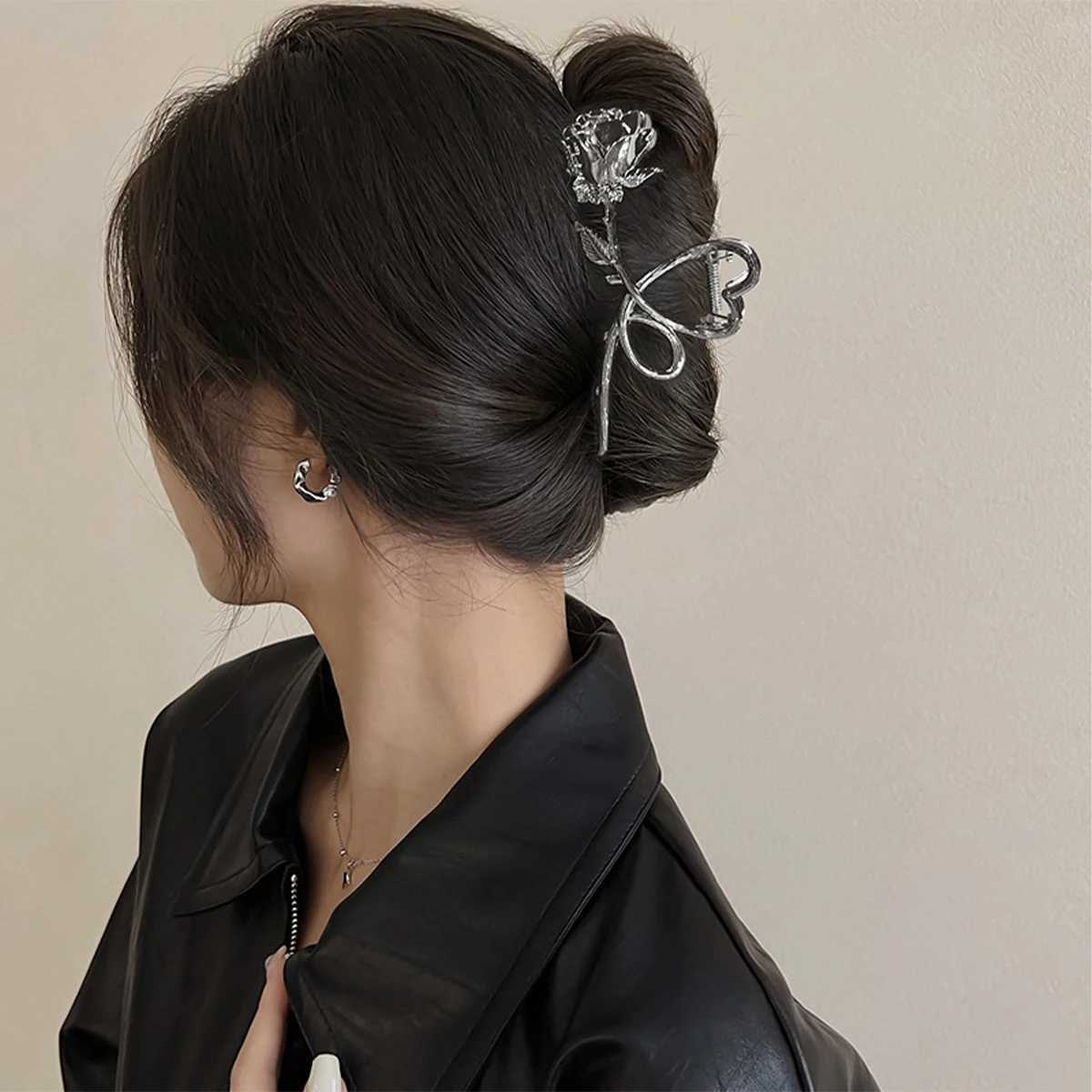 Retro style love rose big metal flat braid hair grab clip female head back shark clip headband accessoryT250425