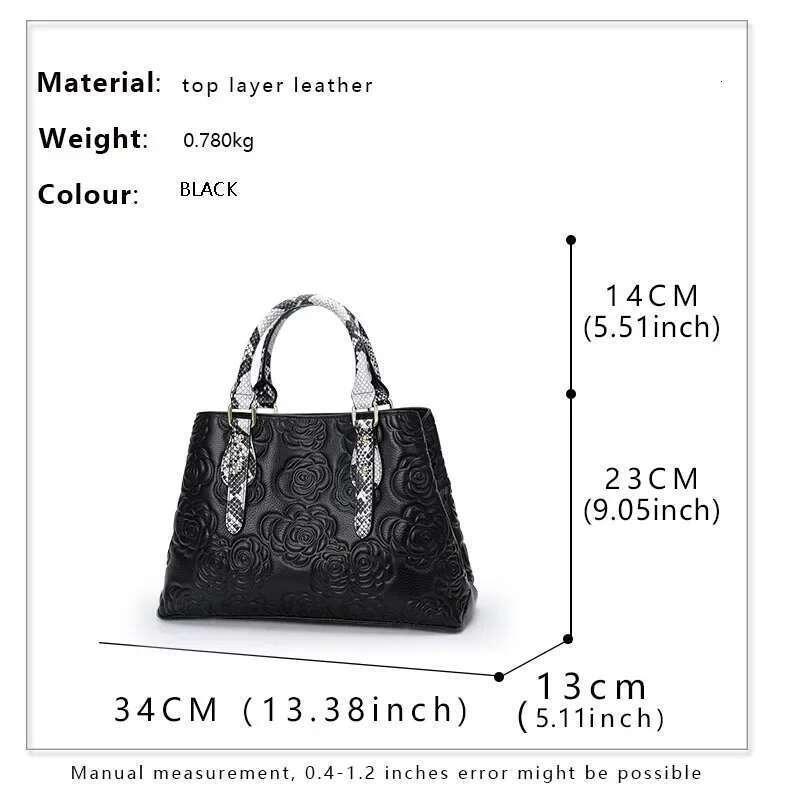 Aidrani Genuine Leather Women's Handbag,Flower Pattern, Black Cowhide Large Bag