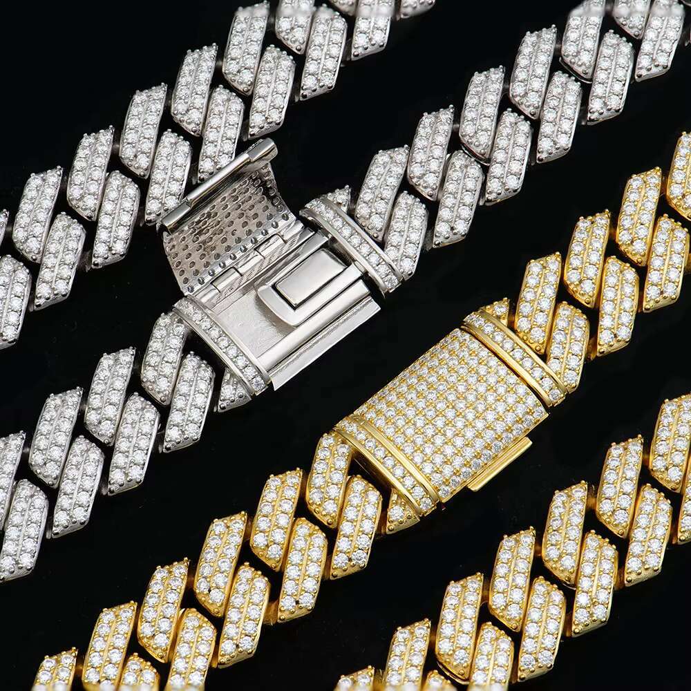 Iced Out Hip Hop Vvs1 Moissanite 2 Rows 14mm Miami Cuban Necklace 925 Sterling Silver Diamond Moissanite Cuban Link Chain
