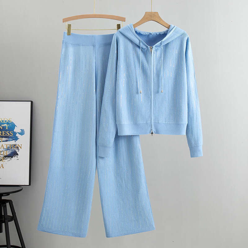 Womens Wide Leg Pants Hooded Knit Cardigan Two-piece Set Womens Autumn Fashion Loose Casual Hot Diamond Set New Pattern Popular New Arrival New Produc